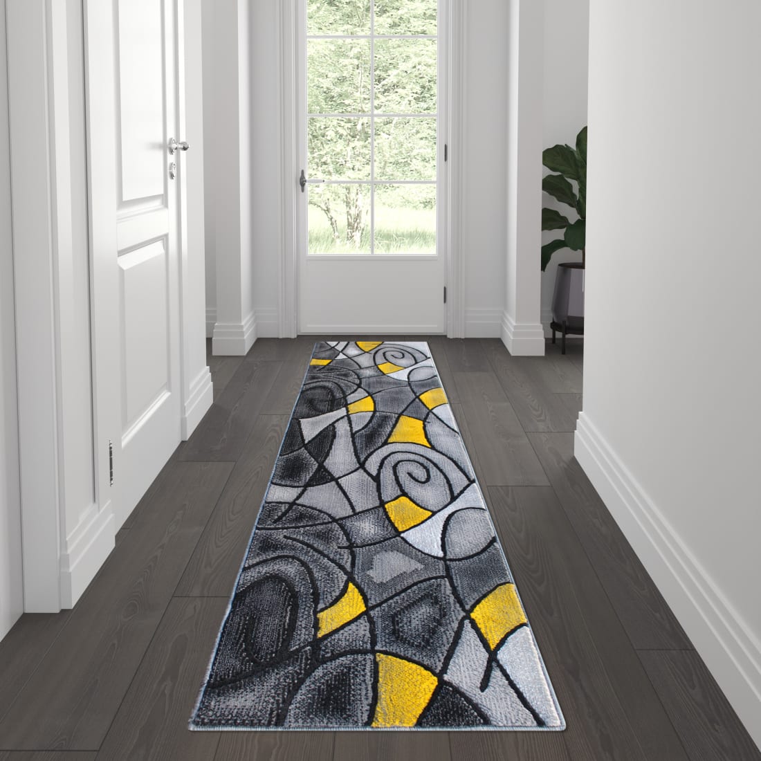 Jubilee Collection 2' x 7' Yellow Abstract Area Rug - Olefin Rug with Jute Backing