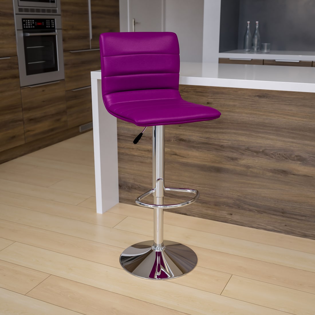 Modern Purple Vinyl Adjustable Bar Stool with Back, Counter Height Swivel Stool with Chrome Pedestal Base