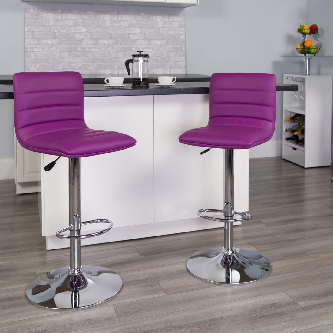 2 Pack Modern Purple Vinyl Adjustable Bar Stool with Back, Counter Height Swivel Stool with Chrome Pedestal Base