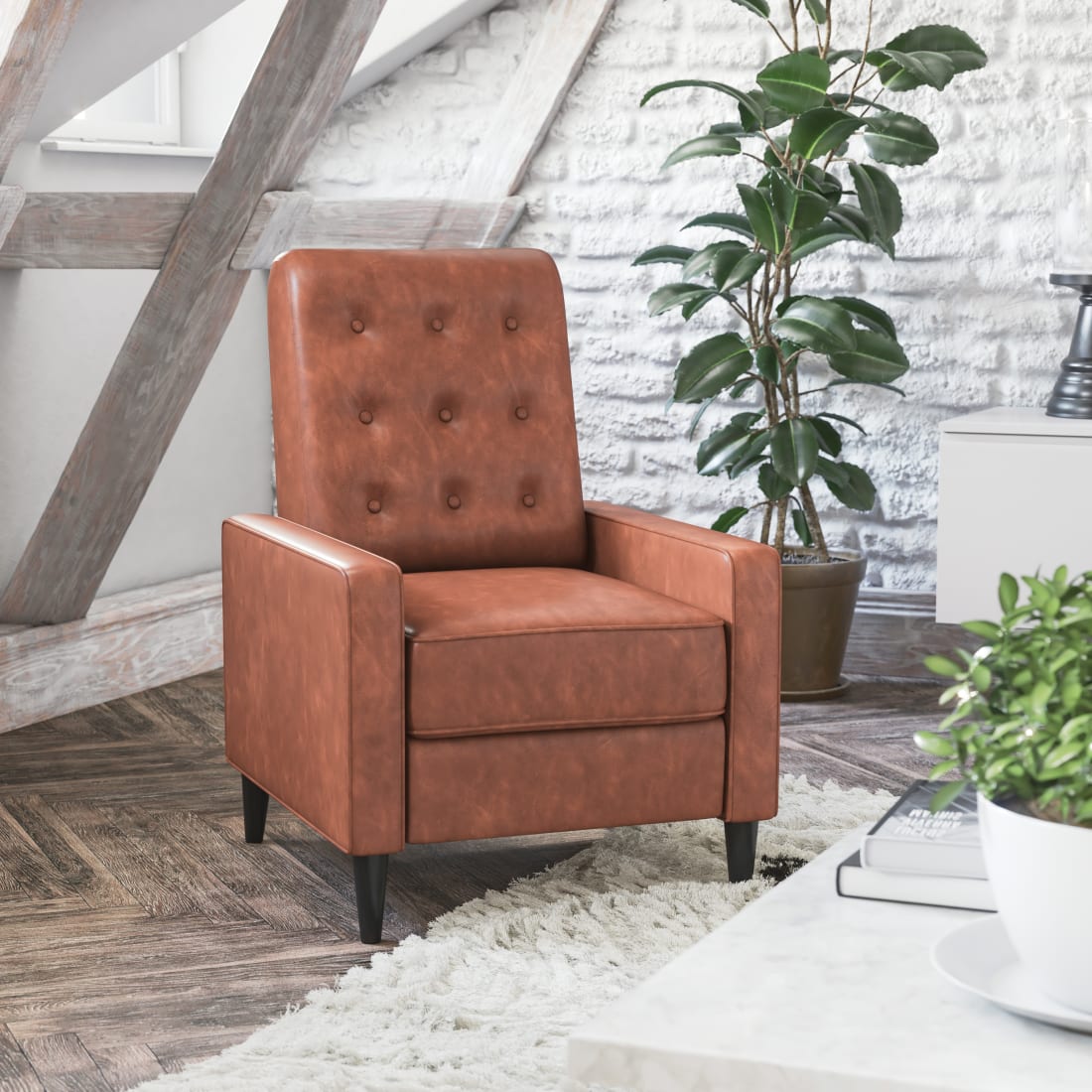 Ezra Mid-Century Modern LeatherSoft Upholstered Button Tufted Pushback Recliner in Cognac Brown for Residential & Commercial Use