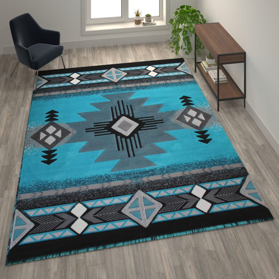 Mohave Collection 8' x 10' Turquoise Traditional Southwestern Style Area Rug - Olefin Fibers with Jute Backing