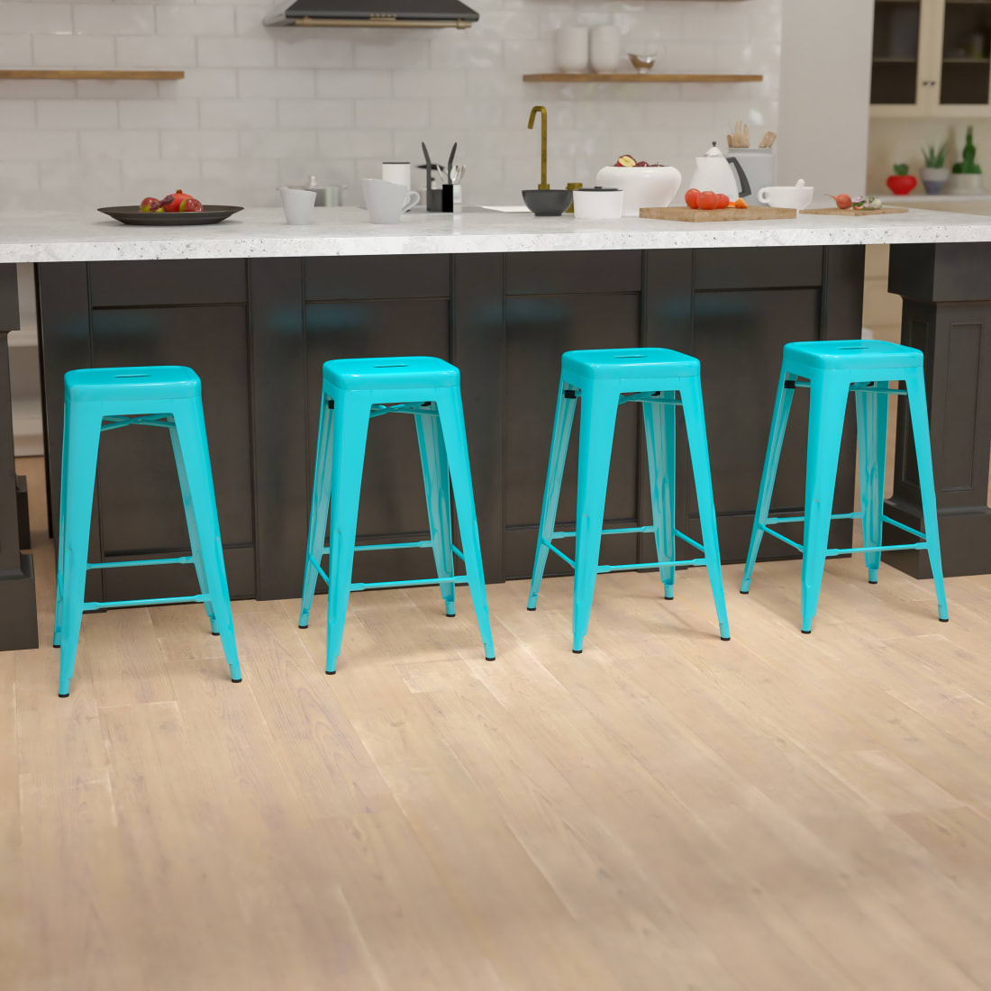 30” High Metal Indoor Bar Stool in Teal - Stackable Set of 4