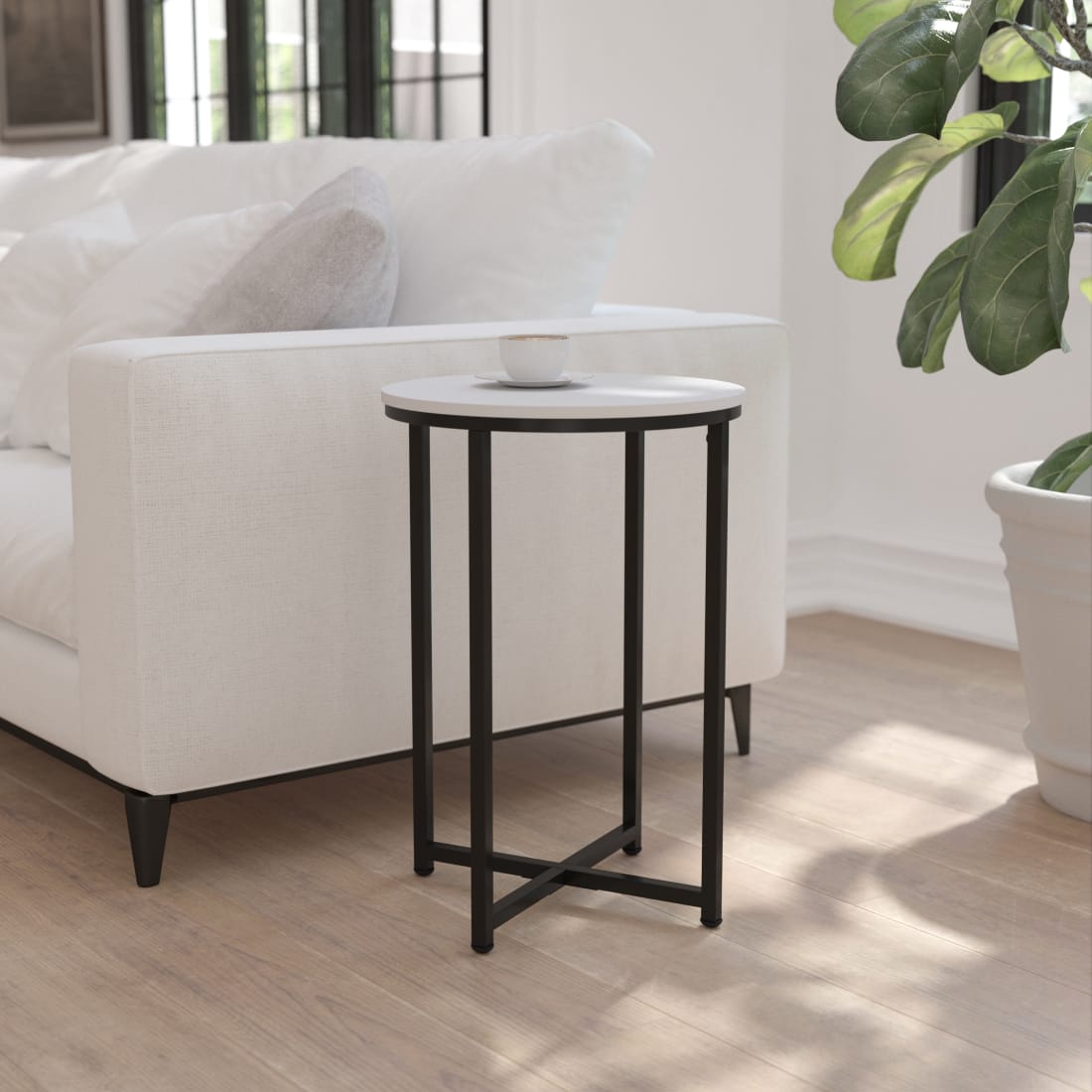 Hampstead Modern White Finish Accent Table with Crisscross Matte Black Frame