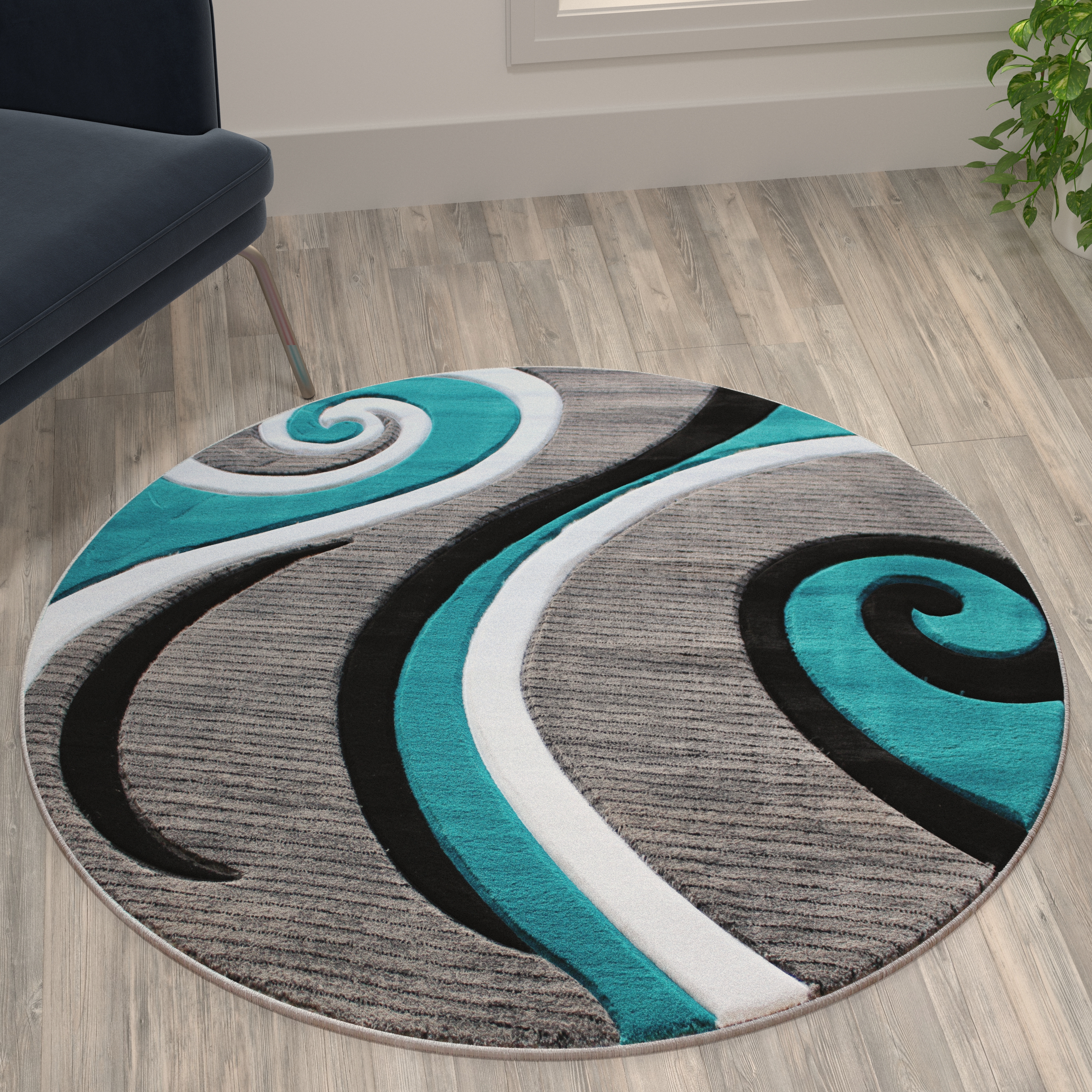 Atlan Collection 4' x 4' Turquoise Round Abstract Area Rug - Olefin Rug with Jute Backing