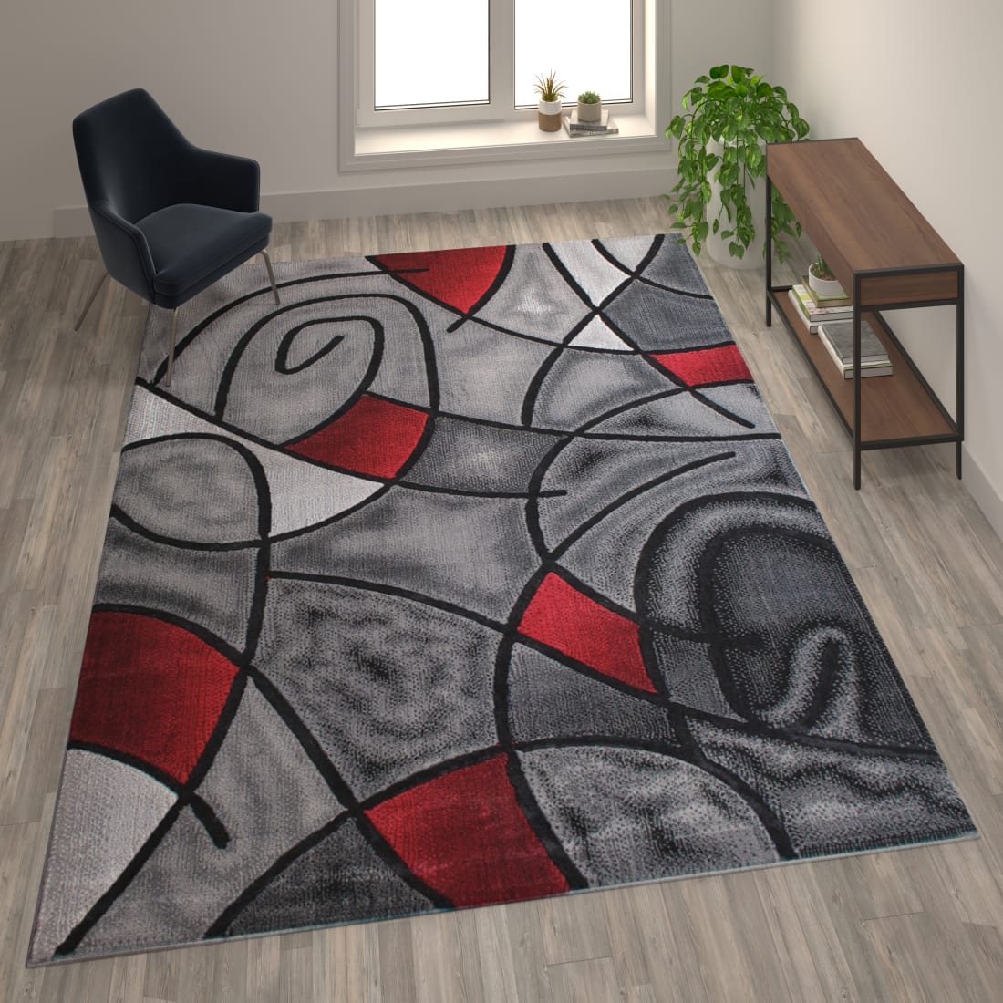 Jubilee Collection 8' x 10' Red Abstract Area Rug - Olefin Rug with Jute Backing