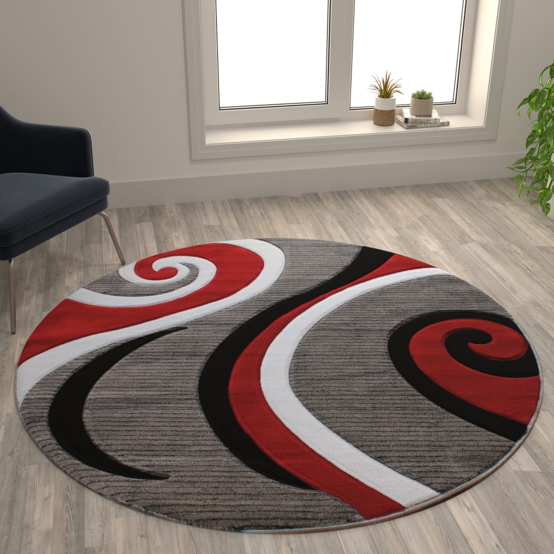 Athos Collection 5' x 5' Red Abstract Area Rug - Olefin Rug with Jute Backing