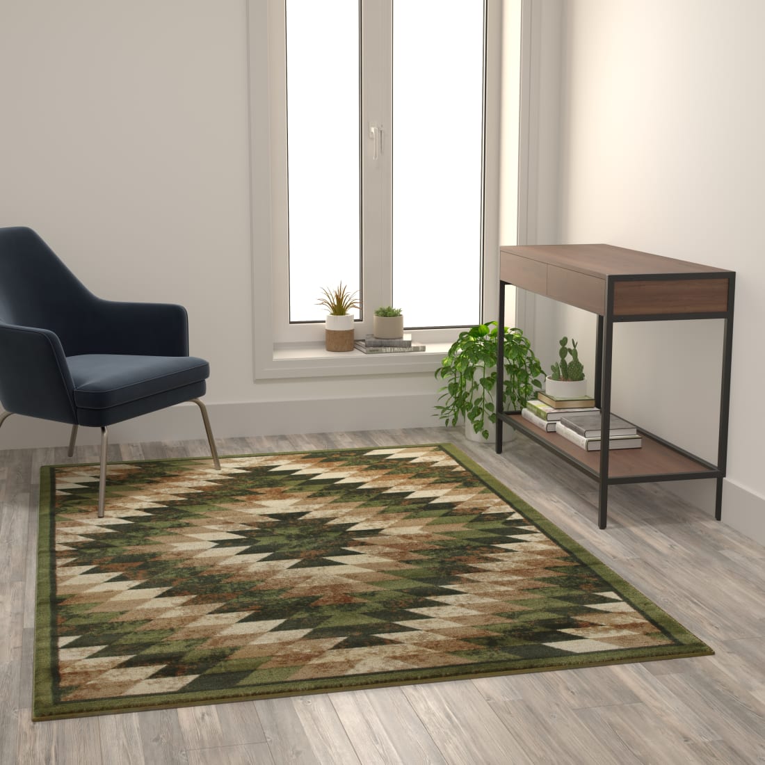 Teagan Collection Southwestern 5' x 7' Green Area Rug - Olefin Rug with Jute Backing