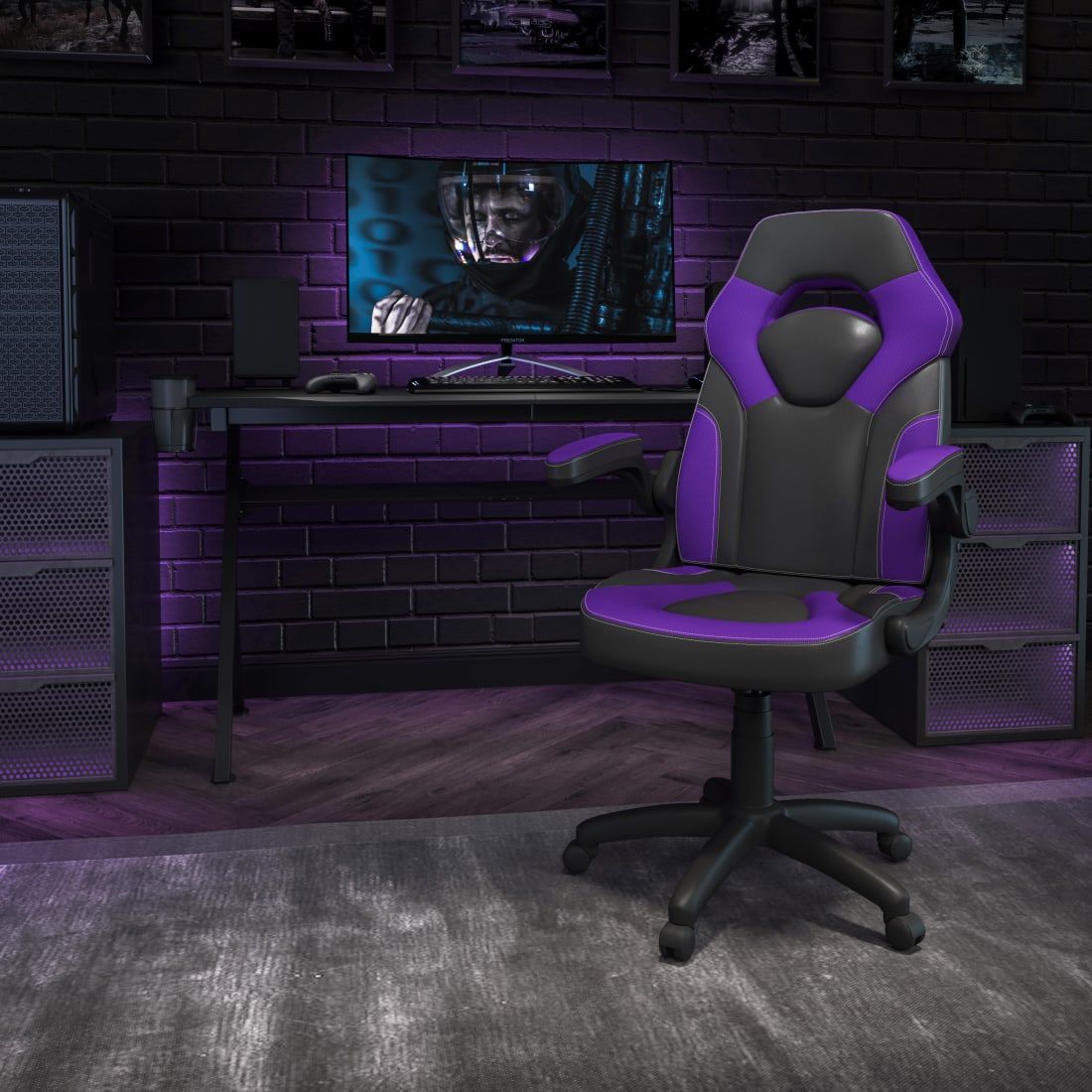 X10 Gaming Chair Racing  Ergonomic Computer PC Adjustable Swivel Chair with Flip-up Arms, Purple/Black LeatherSoft