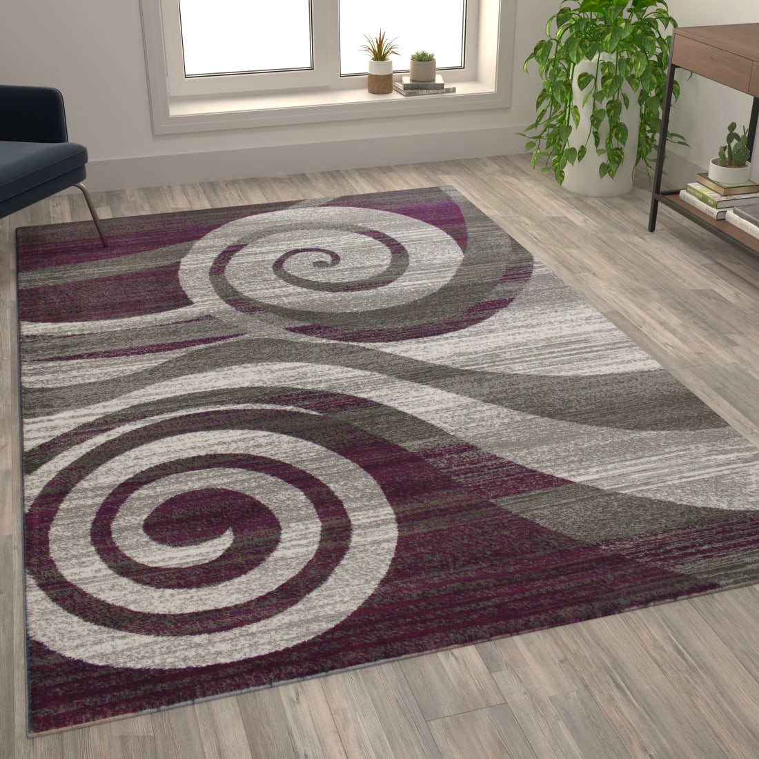 Cirrus Collection 8' x 10' Purple Swirl Patterned Olefin Area Rug with Jute Backing