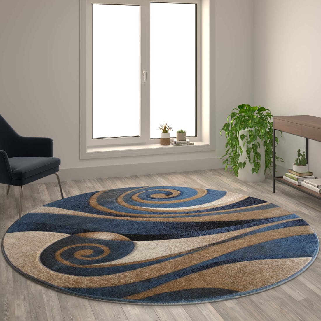 Coterie Collection 8' x 8' Round Modern Circular Patterned Indoor Area Rug - Blue and Beige Olefin Fibers with Jute Backing