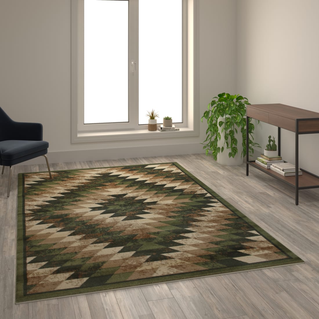 Teagan Collection Southwestern 6' x 9' Green Area Rug - Olefin Rug with Jute Backing