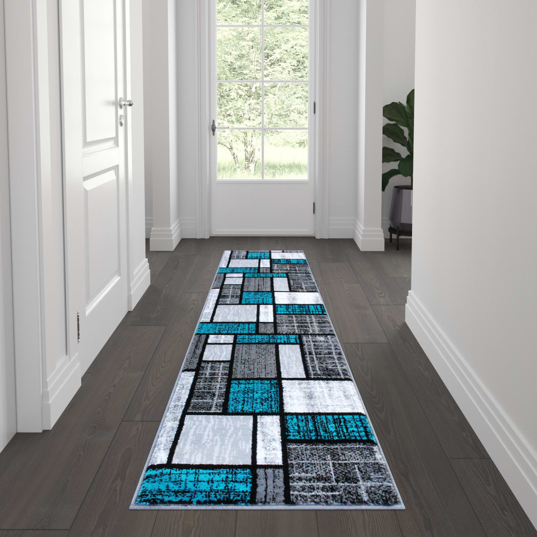 Raven Collection 2' x 7' Turquoise Color Bricked Olefin Area Rug with Jute Backing