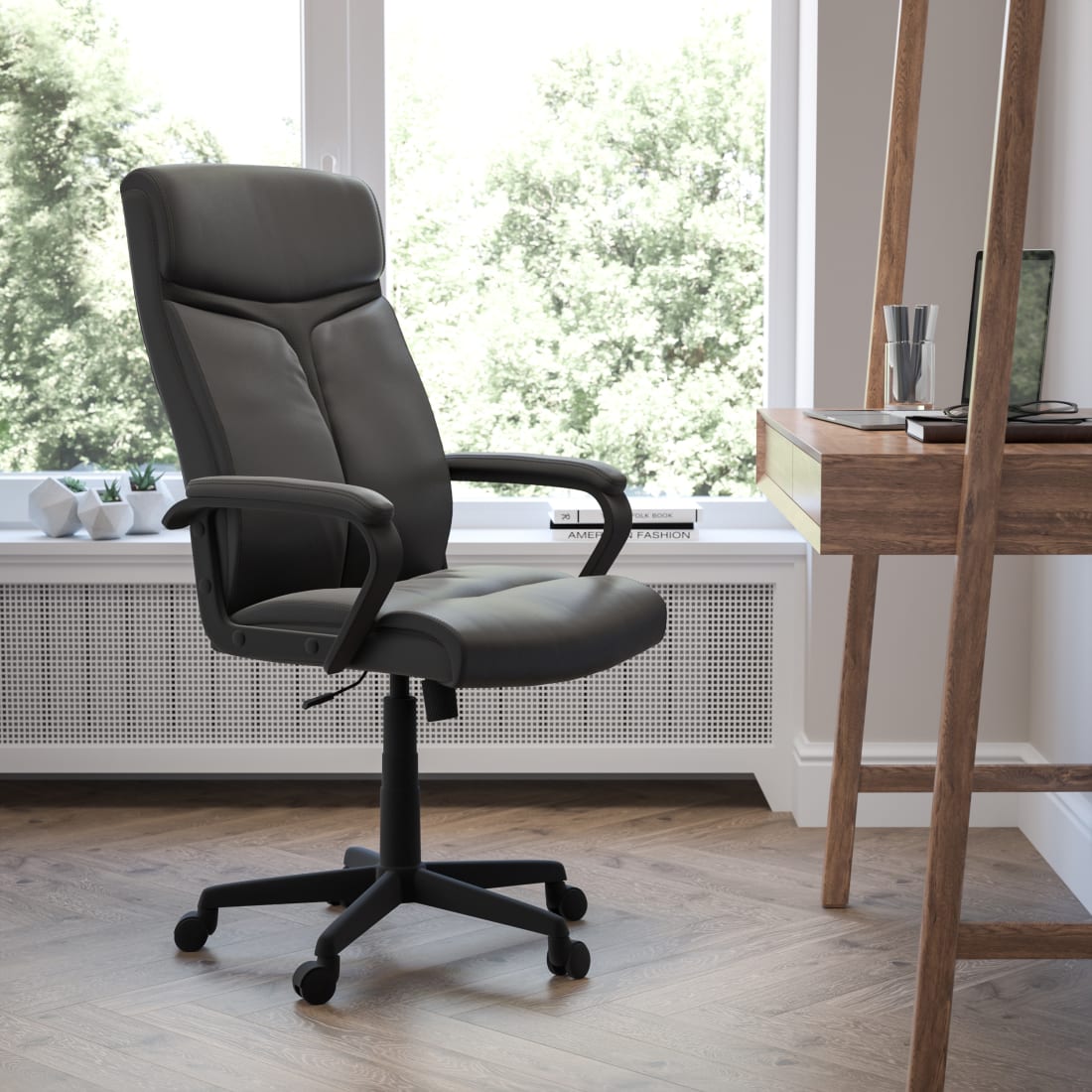 High Back Black LeatherSoft Executive Swivel  Chair with Slight Mesh Accent and Arms