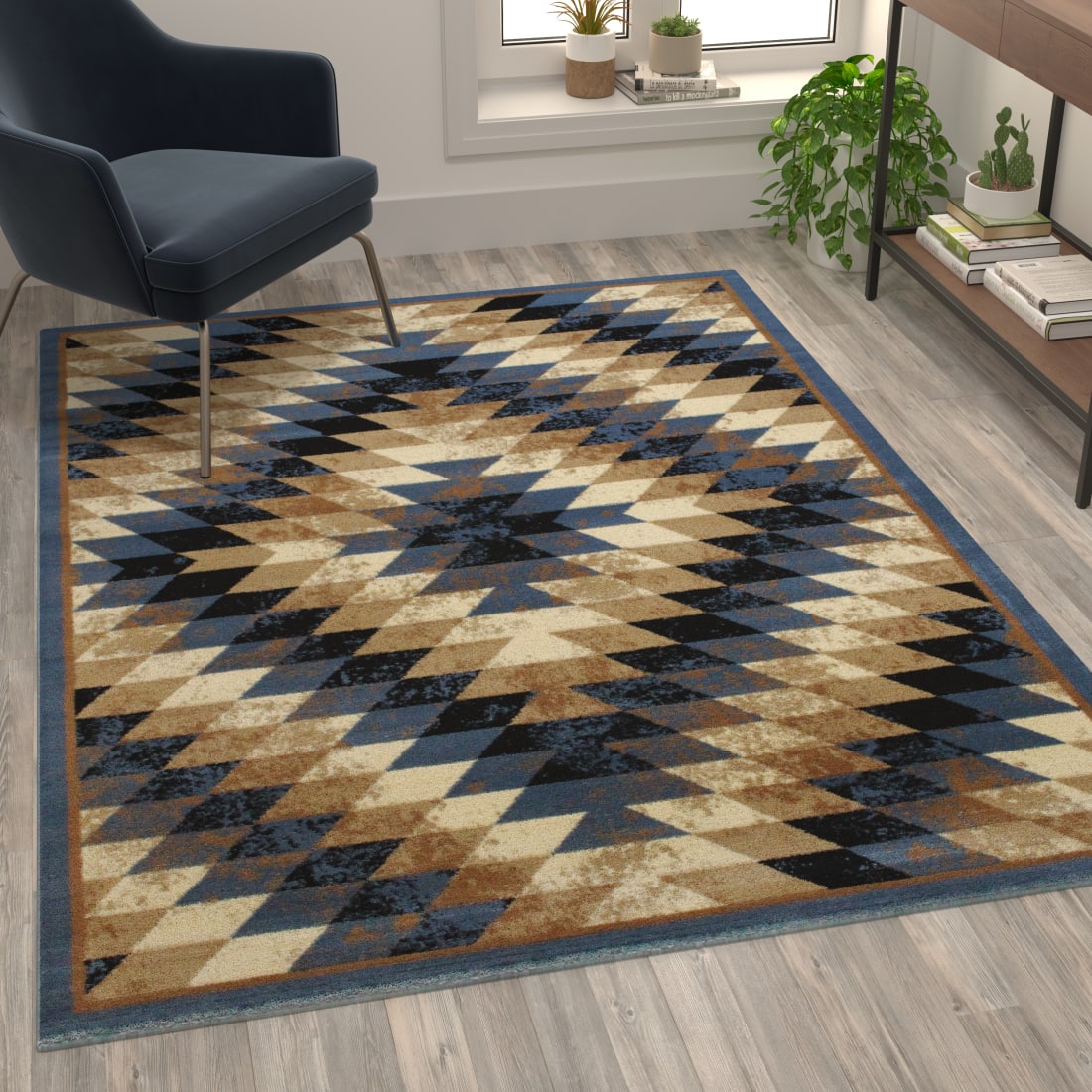 Teagan Collection Southwestern 5' x 7' Blue Area Rug - Olefin Rug with Jute Backing