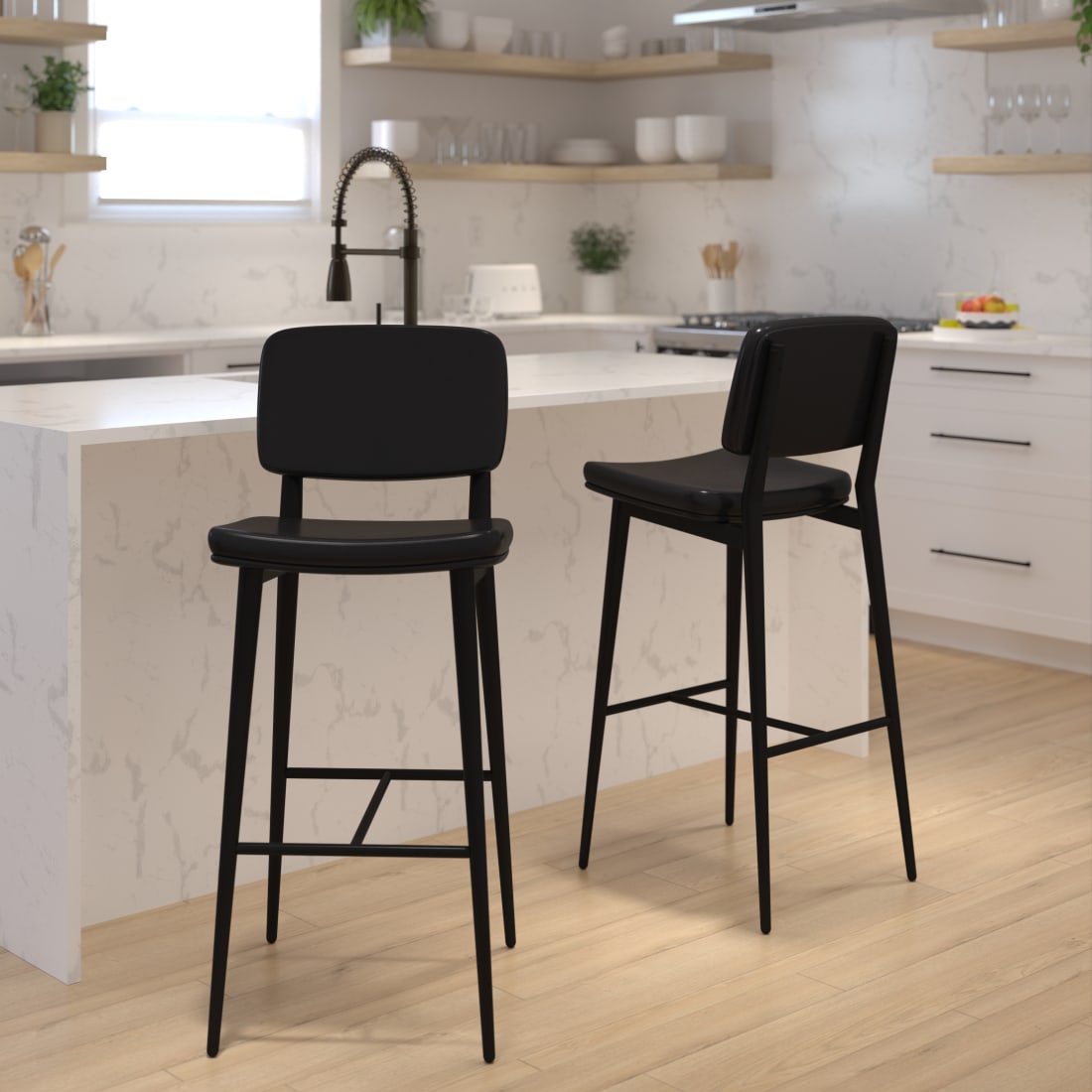 Kenzie Commercial Grade Mid-Back Barstools - Black LeatherSoft Upholstery - Black Iron Frame with Integrated Footrest - Set of 2