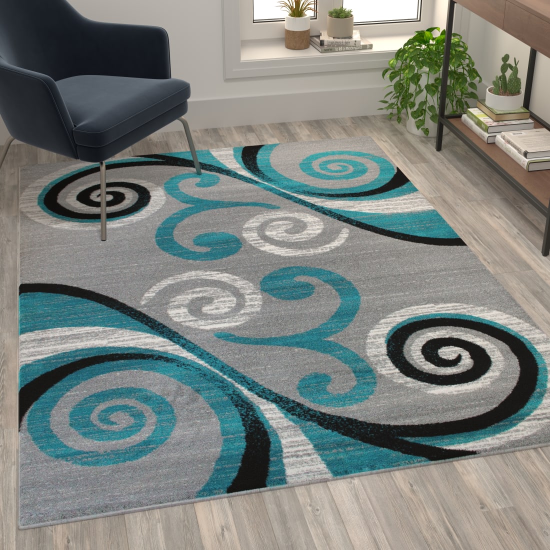 Raven Collection 5' x 7' Turquoise Color Bricked Olefin Area Rug with Jute Backing