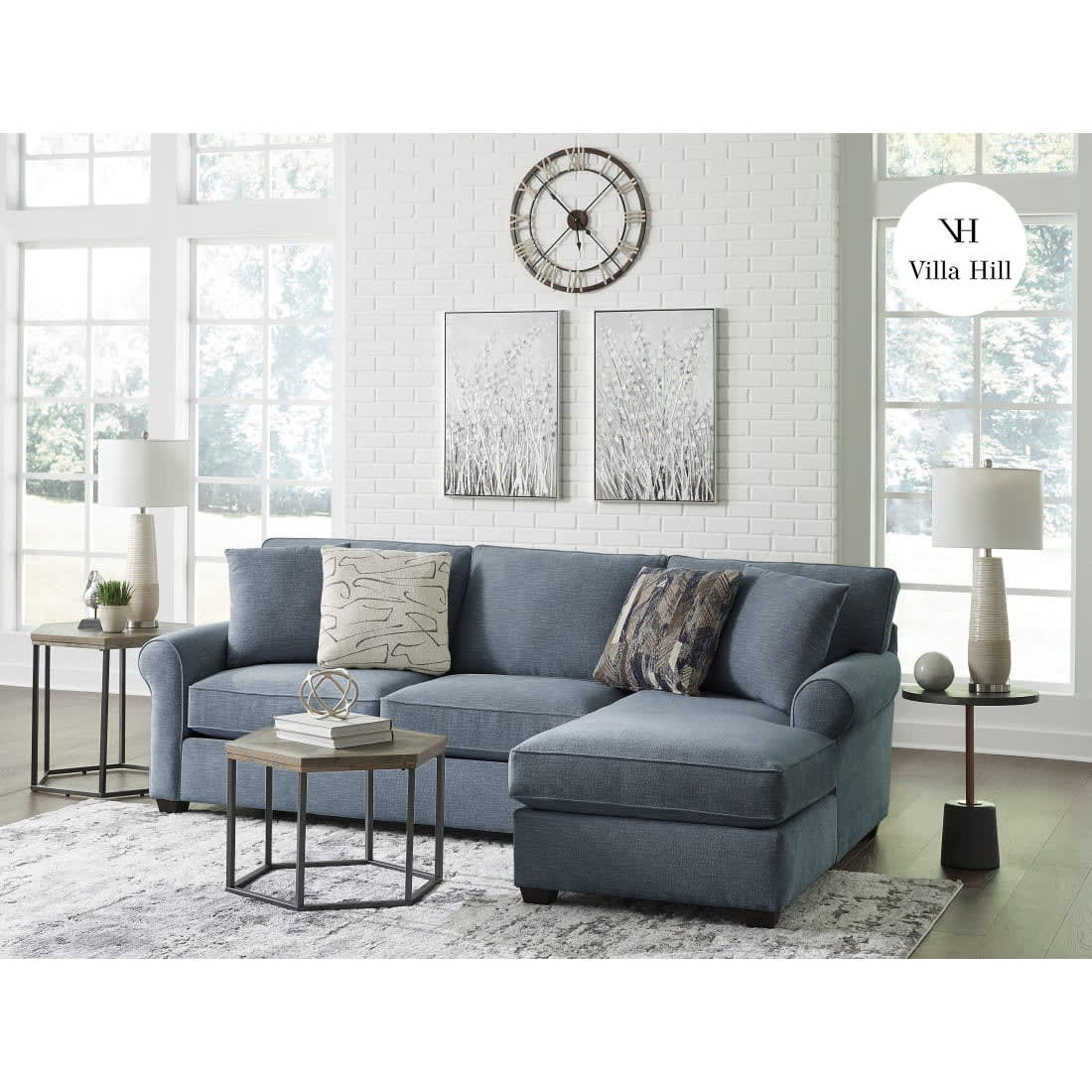 Crestview Rolled Arm Blue 2-pc sectional w/ right chaise