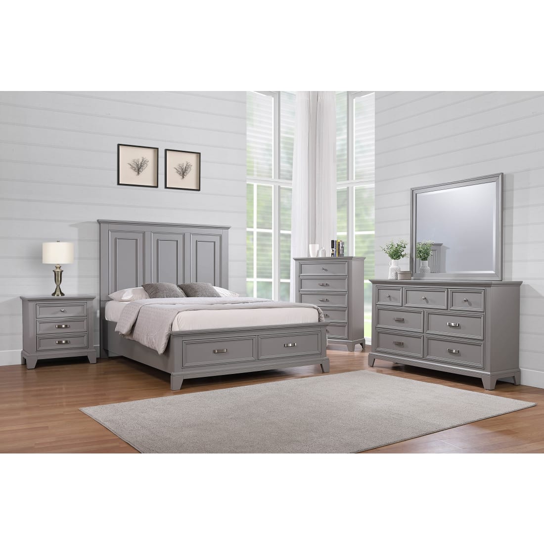 Dove Manor Gray Storage Bedroom 3PC Set - King Bed, Dresser, Mirror