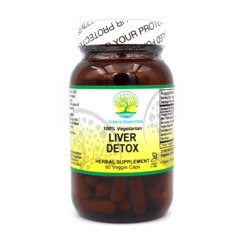 Front of Edens Liver Detox brown glass bottle with white, green, and yellow label, and white twist on and off lid.