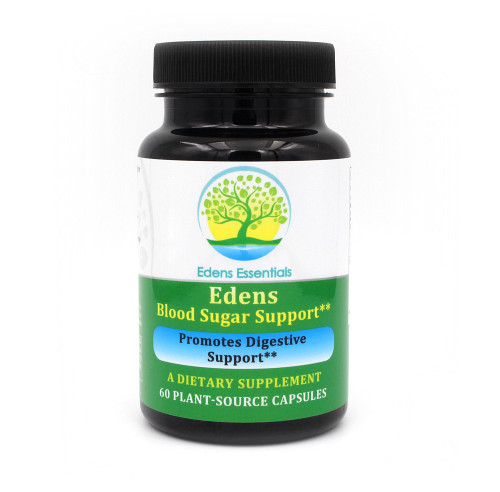 Front of the Edens Blood Sugar Support black bottle, with a green, white, blue, and yellow label, and a black twist on and off lid.