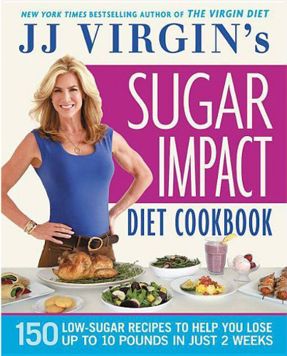 Front of the Sugar Impact Diet Cookbook book with a white and pink background, blue and white letters, and the author standing behind a table of different foods on the cover.