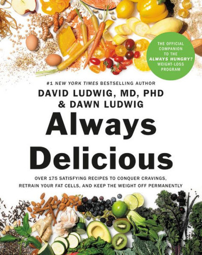 Front of Always Delicious book with a white background, black letters, and fruits, vegetables, and nuts on the top and bottom of the cover.