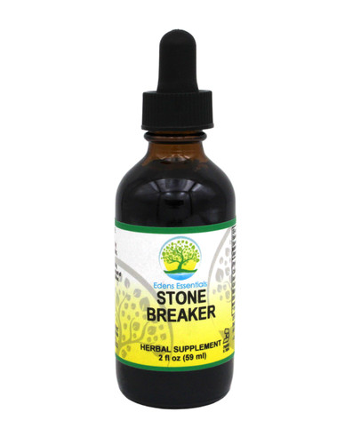 Brown glass bottle with a dropper lid. White, yellow, and green label with "Stone Breaker" printed in black and Eden's Logo