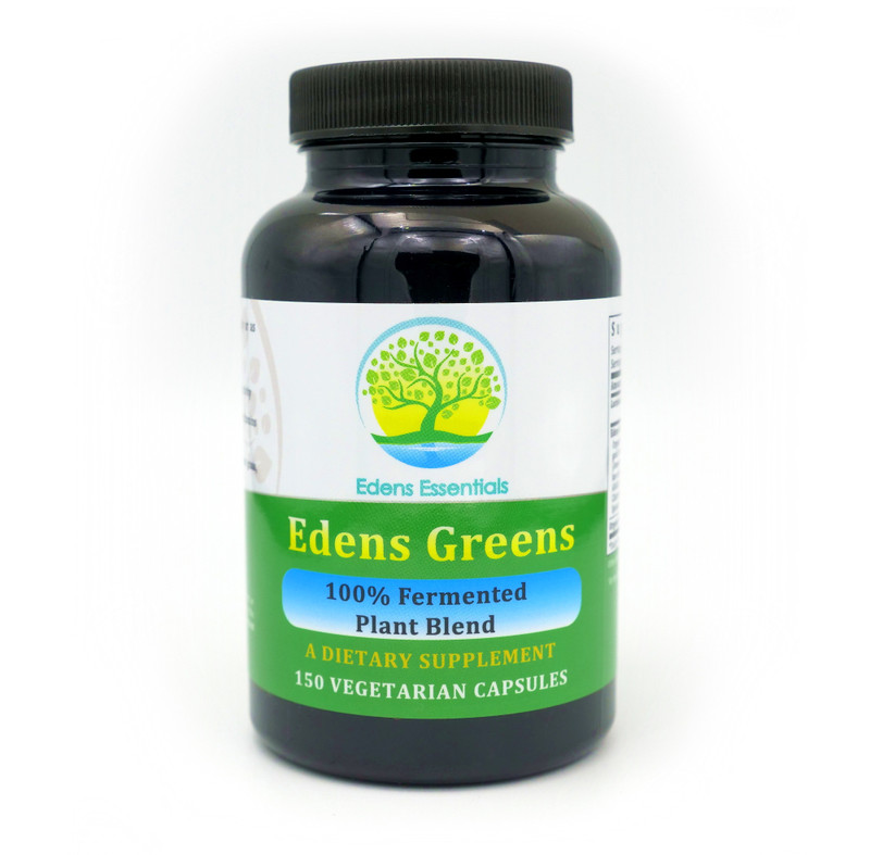 Front of Edens Greens black bottle with green, white, yellow, and blue label and black twist on and off lid.