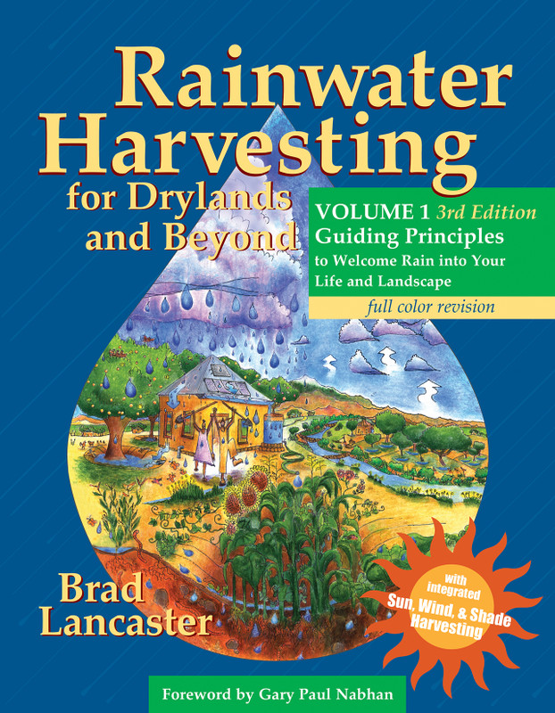 Front of Rainwater Harvesting for Drylands and Beyond, Volume 1, 3rd Edition with blue background and a rainwater shape cut out and a cartoon farm in background, with yellow letters on front cover.