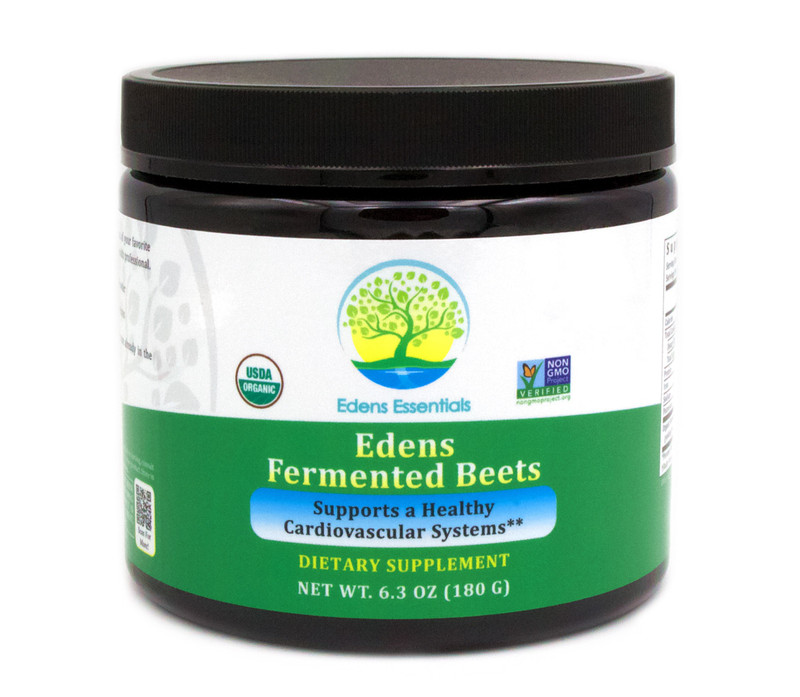 Front of Edens Fermented Beets black bottle with white, green, yellow, and blue label, powder with a scoop and black twist on and off lid.