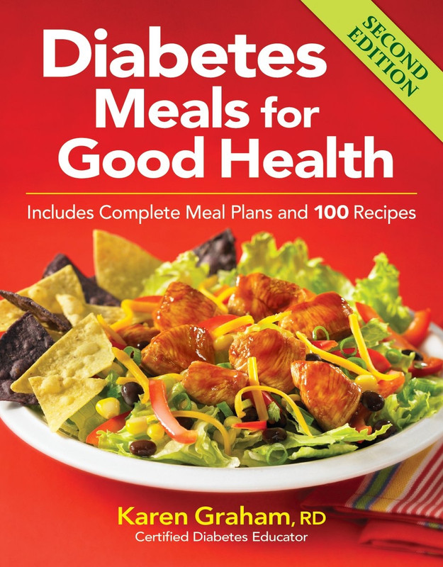 Front cover of Dabetes meals for Good Health with red background, a picture of a southwest BBQ chicken salad with chips on a plate, and white and yellow letters.