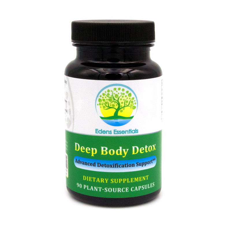 Front of Edens Deep Body Detox black bottle with green, white, yellow, and blue label and black twist on and off lid.