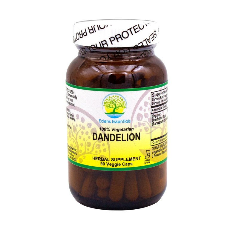 Brown glass bottle with white lid. Label is white, yellow, and green and states Edens Essentials Dandelion