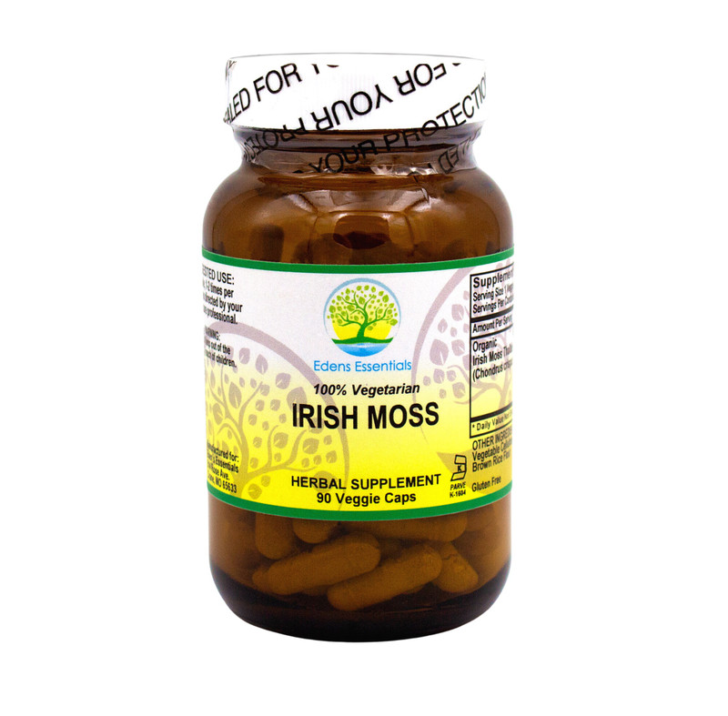 Brown glass bottle with white lid. Label is white, yellow, and green and states Edens Essentials Irish Moss.