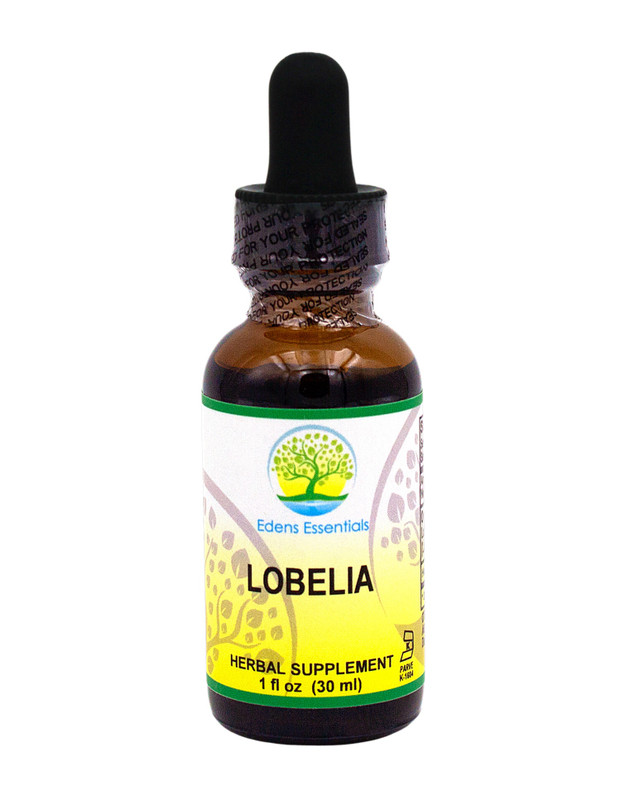 Brown glass bottle with Yellow, white, and green label stating Edens Essentials Lobelia with black dropper top.