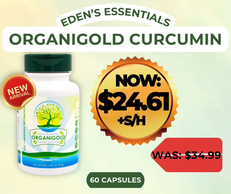 Neutral background with White plastic bottle with dark green lid and white, blue, green, and yellow label with Edens logo and Organigold Curcumin printed on it.