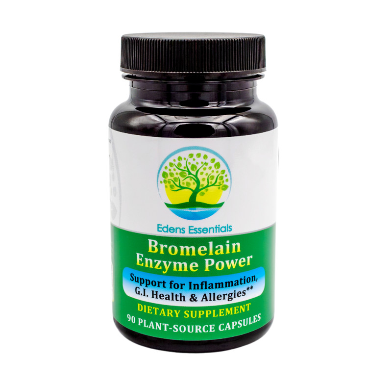 Front of black plastic bottle with matching lid and green/white/yellow label stating "Bromelain Enzyme Power"