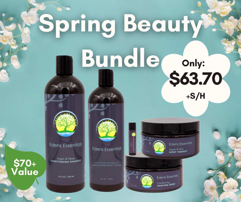 Blue green with white flowers background with Shampoo, body wash, lotion, shave cream, and chapstick under the label "Spring Beauty Bundle"