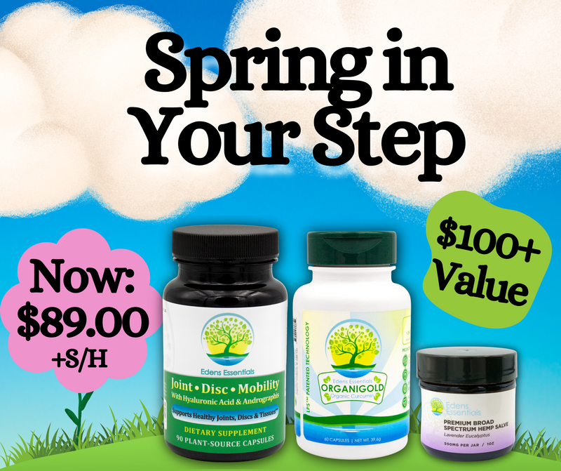 Spring in your step bundle with Joint*Disc*Mobility, Organigold Curcumin 60 Ct, and CBD Salve under a blue clouded sky with a magenta flower advertising $89 and green circle with over 100.00 value
