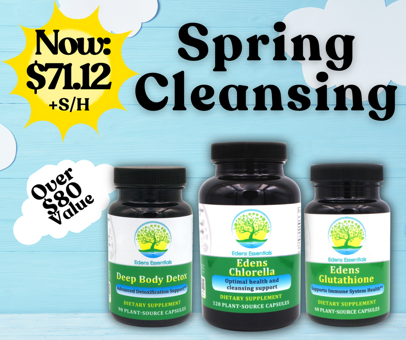 Blue sky with "Spring Cleansing" in the top right over a bottle each of the Deep Body Detox, Chlorella, and Glutathione. White cloud holds previous value and the price is a paper cut out looking sun.