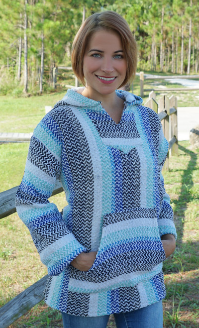Young lady wearing the Baja Joe Mexican hoodie pastel pistachio