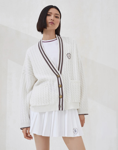 Brunello Cucinelli Women's Cashmere Cable Knit Cardigan with Logo and Metal Buttons