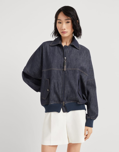 Brunello Cucinelli Women's Denim-effect Twill Bomber Jacket with Shiny Zipper Pull