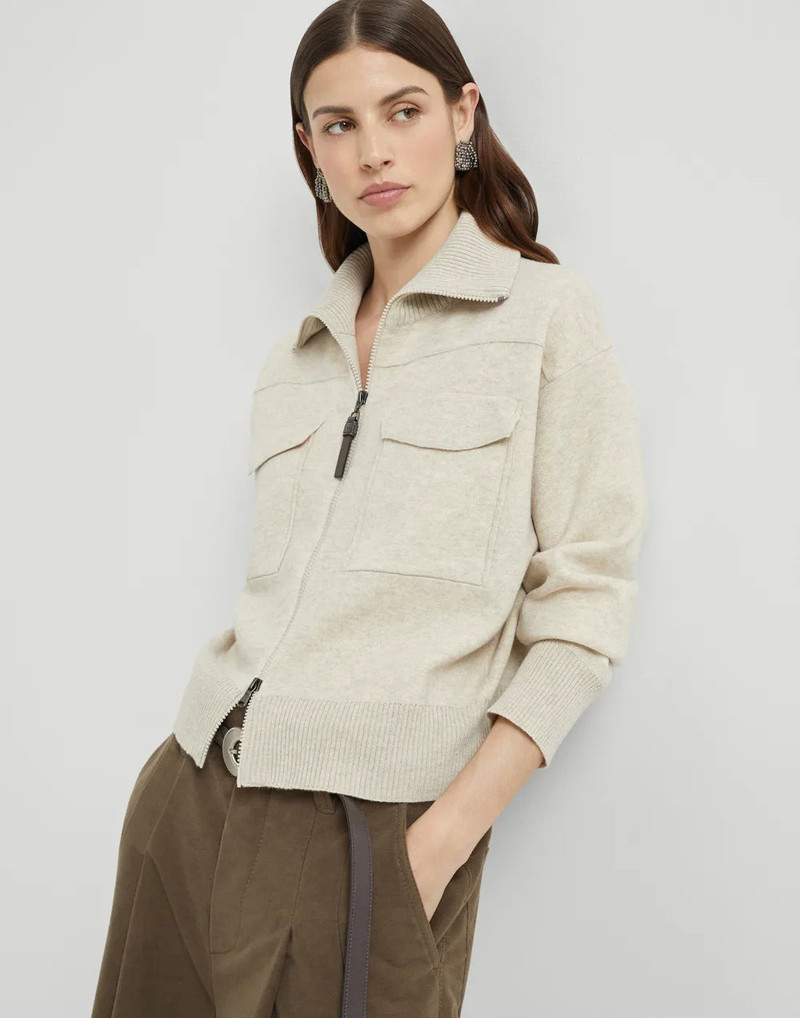 Brunello Cucinelli Women's Cashmere Double Knit Cardigan with Shiny Zipper Pull
