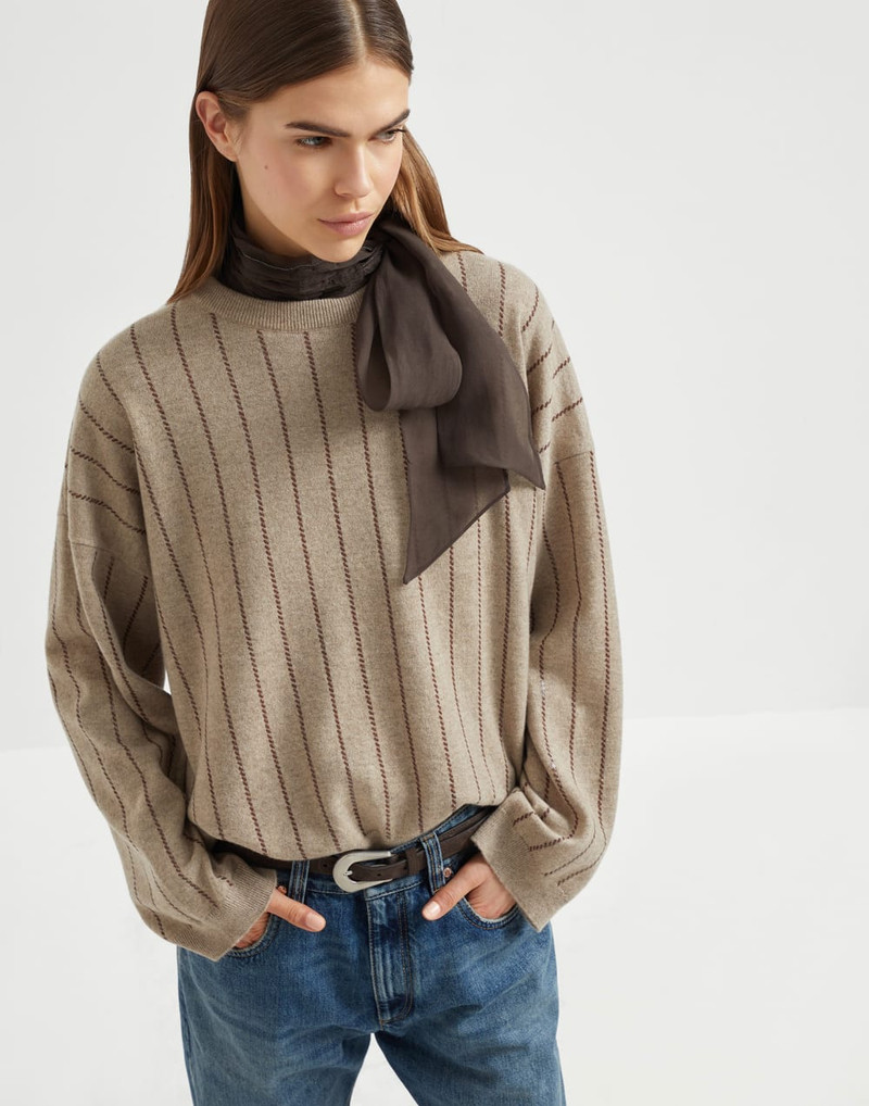 Brunello Cucinelli Women's Cashmere Sweater with Dazzling Chalk Stripe Embroidery - Image 4