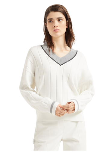 Brunello Cucinelli Women's Cotton Flat Rib Sweater with Precious Neckline