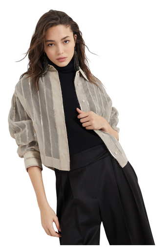 Brunello Cucinelli Women's Crispy Silk Shirt with Dazzling Alpaca Stripes - Image 4