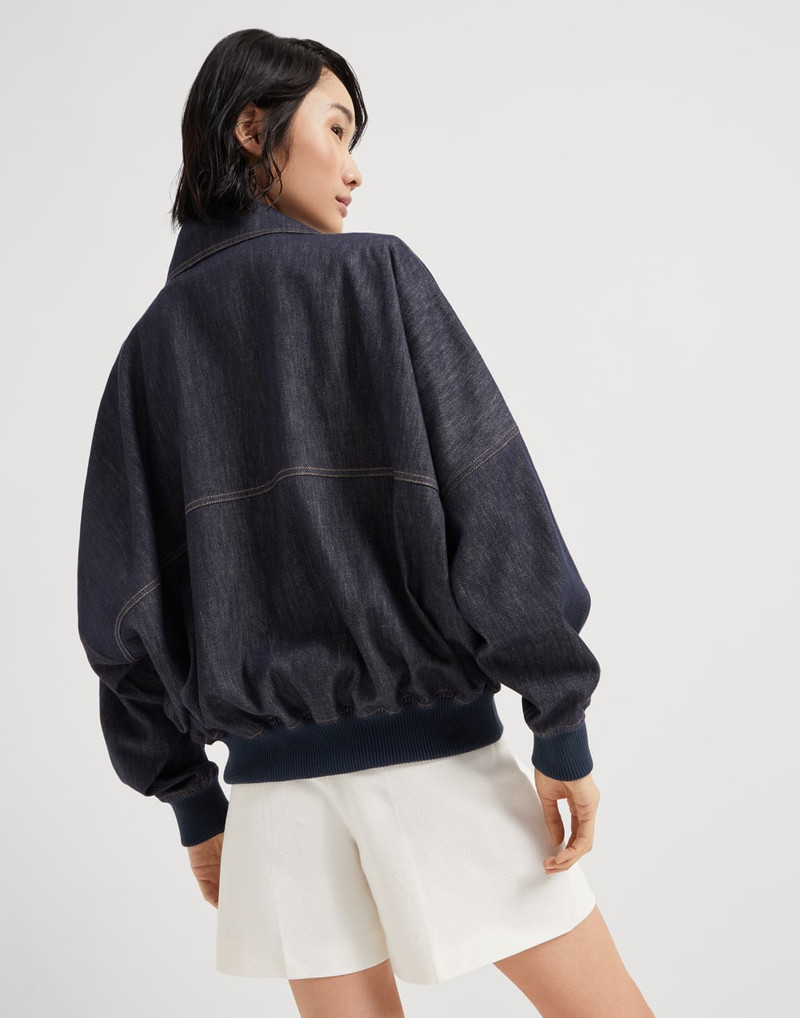 Brunello Cucinelli Women's Denim-effect Twill Bomber Jacket with Shiny Zipper Pull