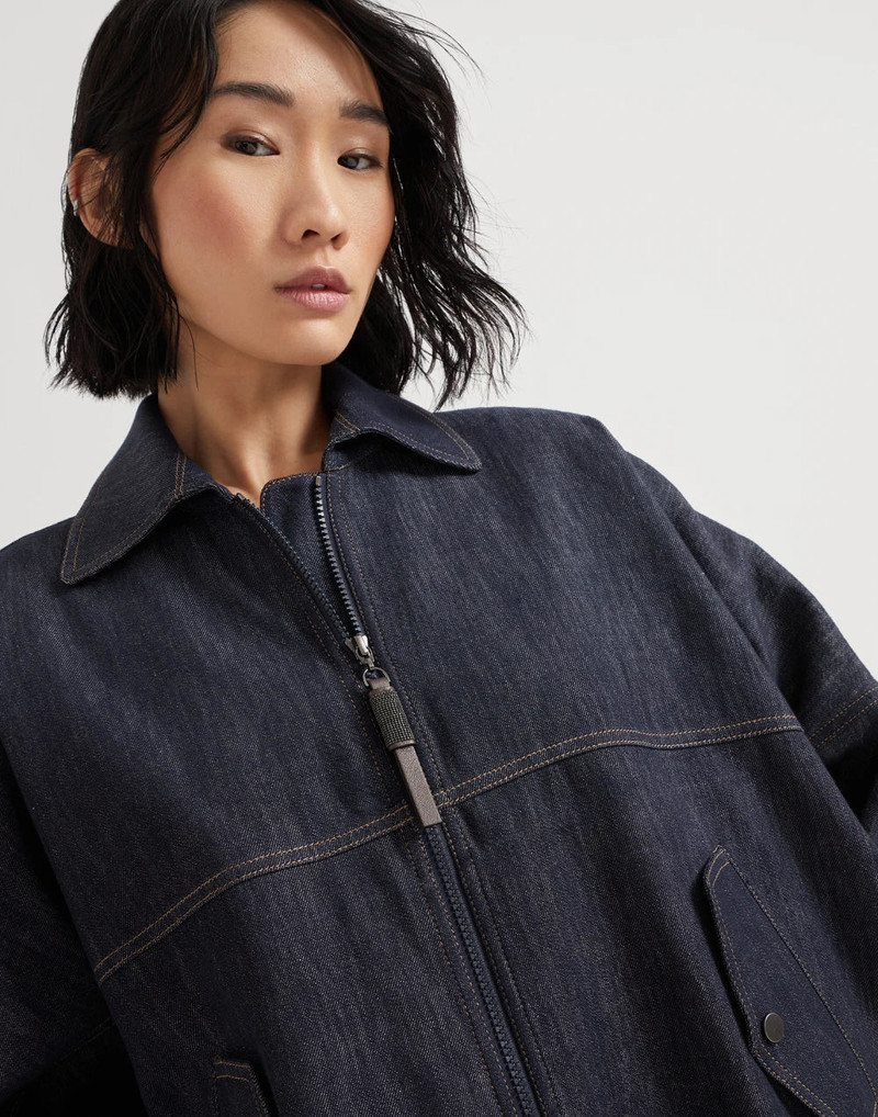 Brunello Cucinelli Women's Denim-effect Twill Bomber Jacket with Shiny Zipper Pull - Image 3