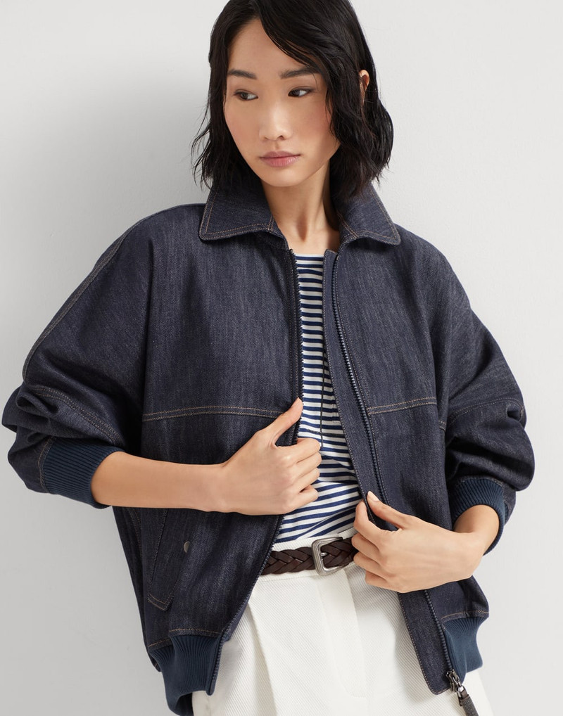 Brunello Cucinelli Women's Denim-effect Twill Bomber Jacket with Shiny Zipper Pull - Image 4